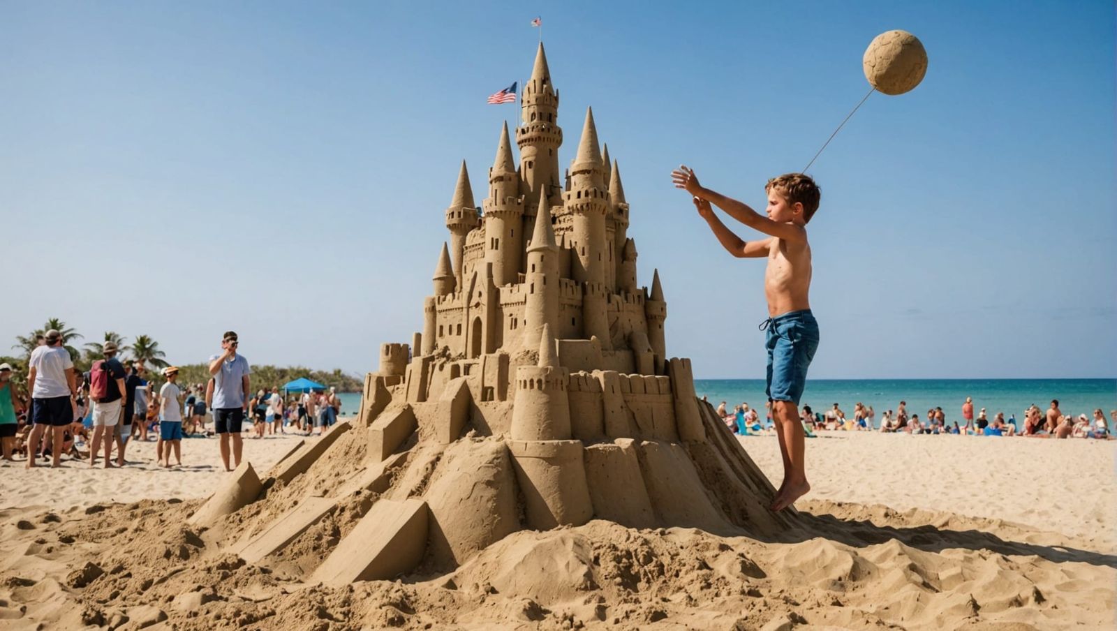 Giant Lifts Sandcastle Ready to Smash It