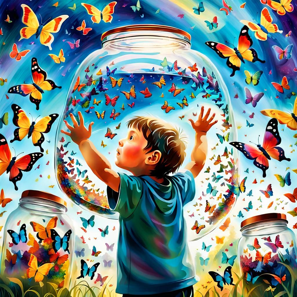 Child Releases Butterflies in Surrealist Style