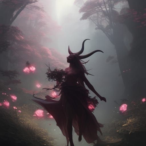 Peony Horned Forest Spirit in Dark Fantasy Style