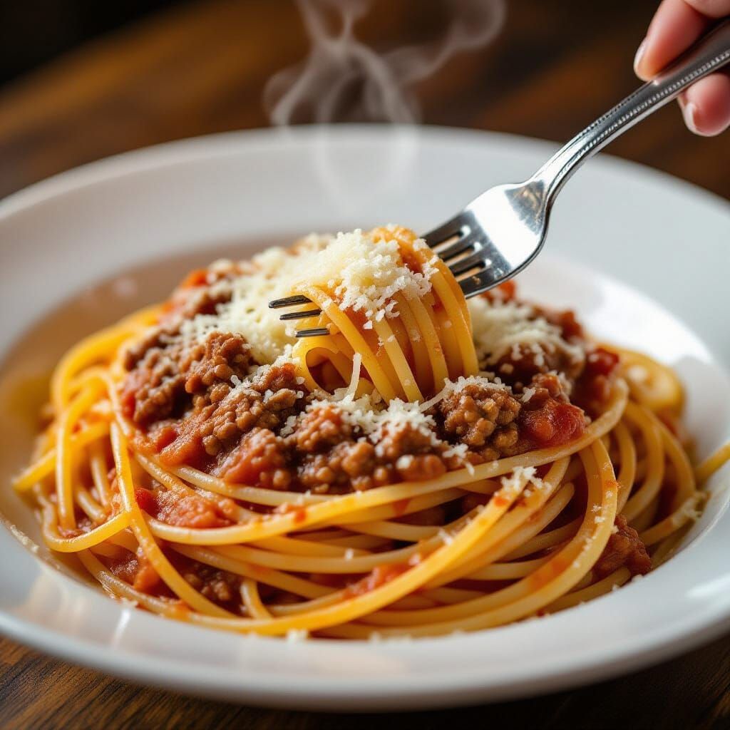 Steaming Spaghetti Bolognese with Parmesan Cheese
