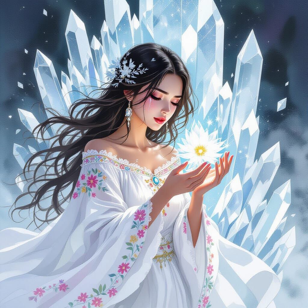 Ethereal Ukrainian Woman with Crystal Blossom in Watercolor ...