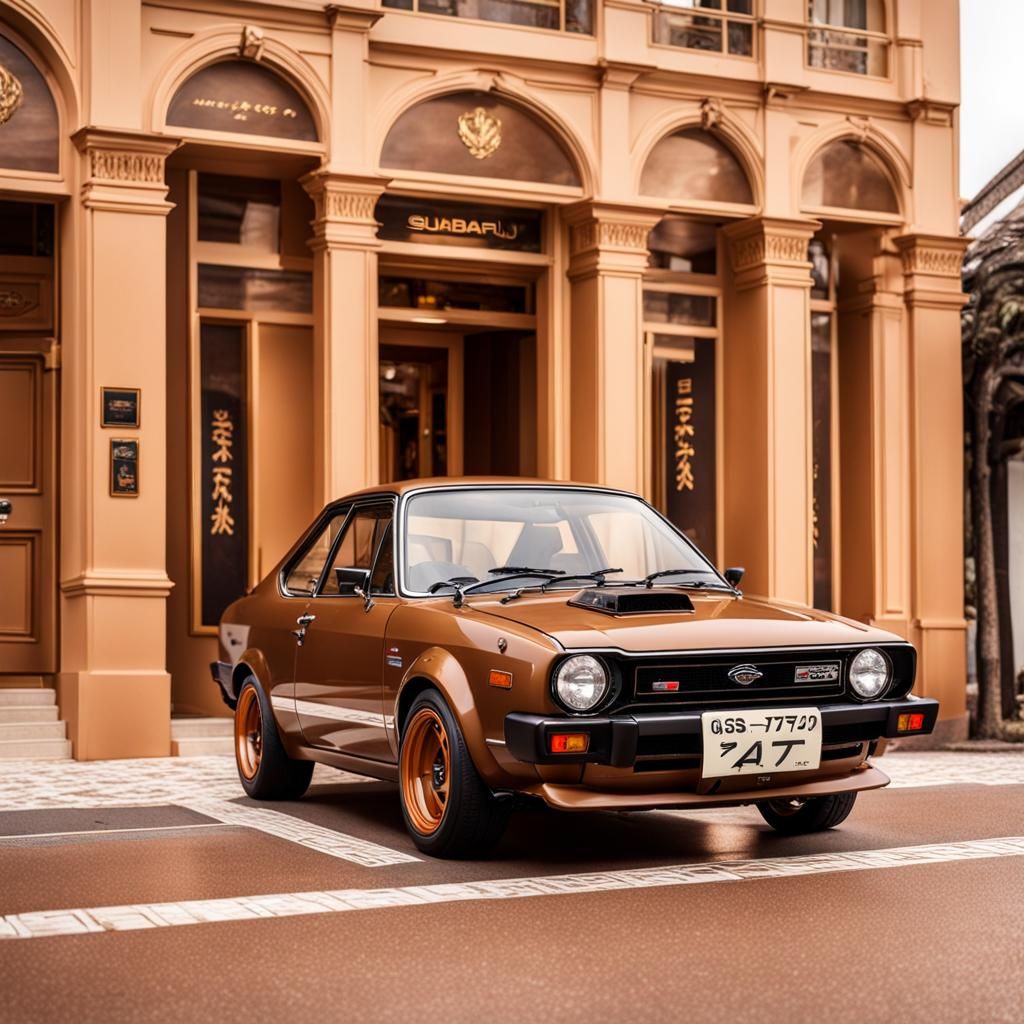 Subaru GSR 1977: Classic Car in Front of Luxury Hotel