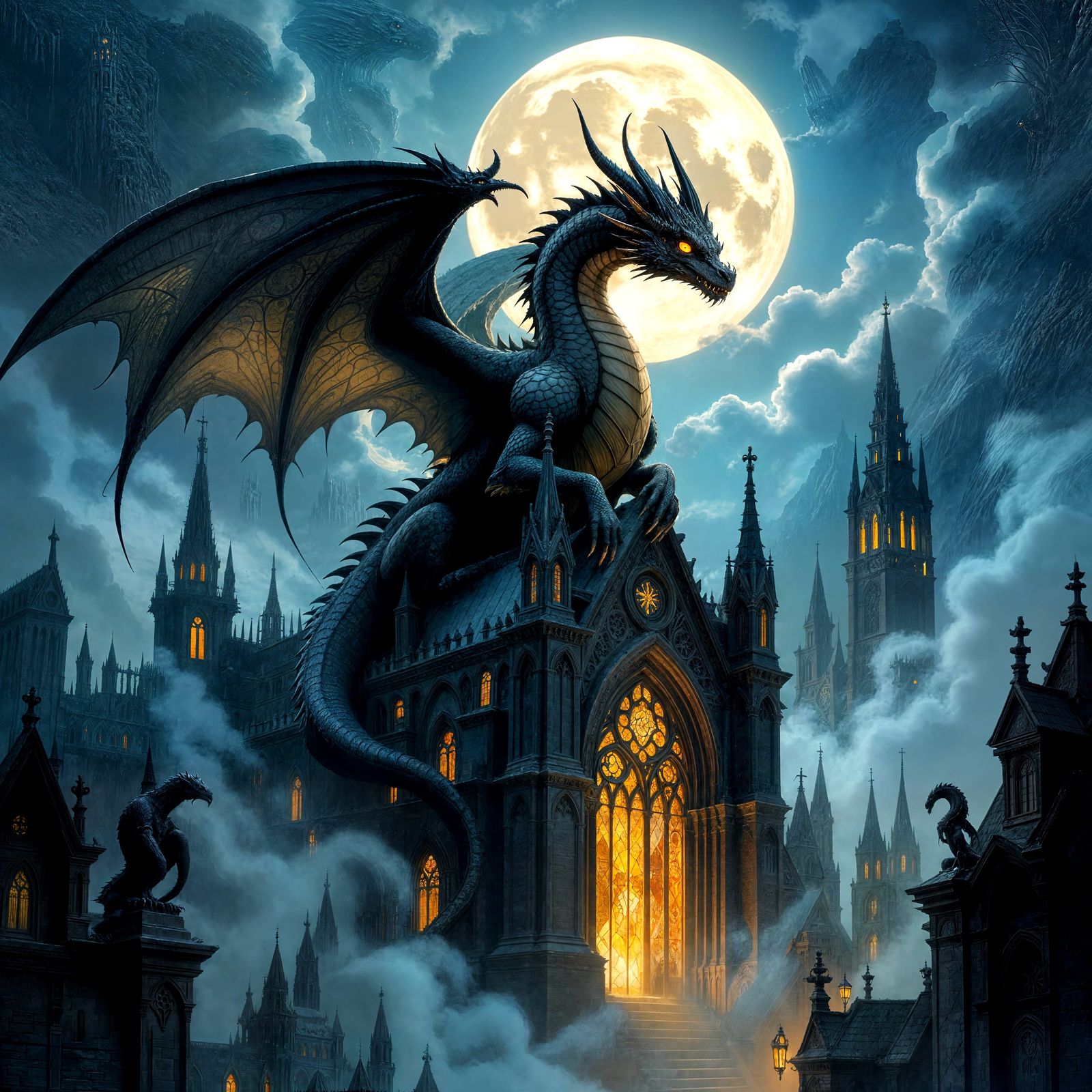 Ancient Obsidian Dragon on Gothic Cathedral in Moonlight
