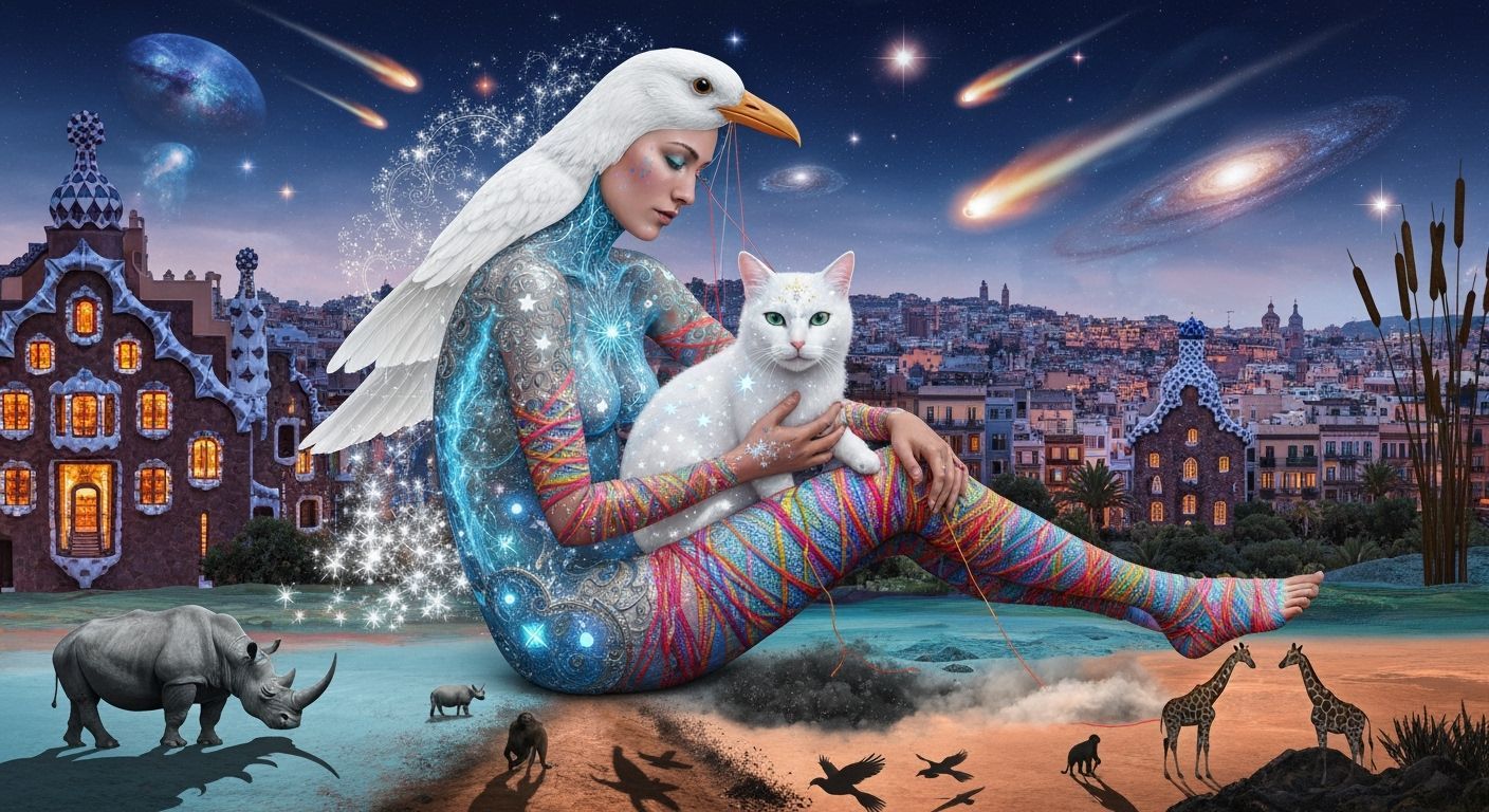 Ethereal Bird-Headed Woman in Gaudí Cityscape
