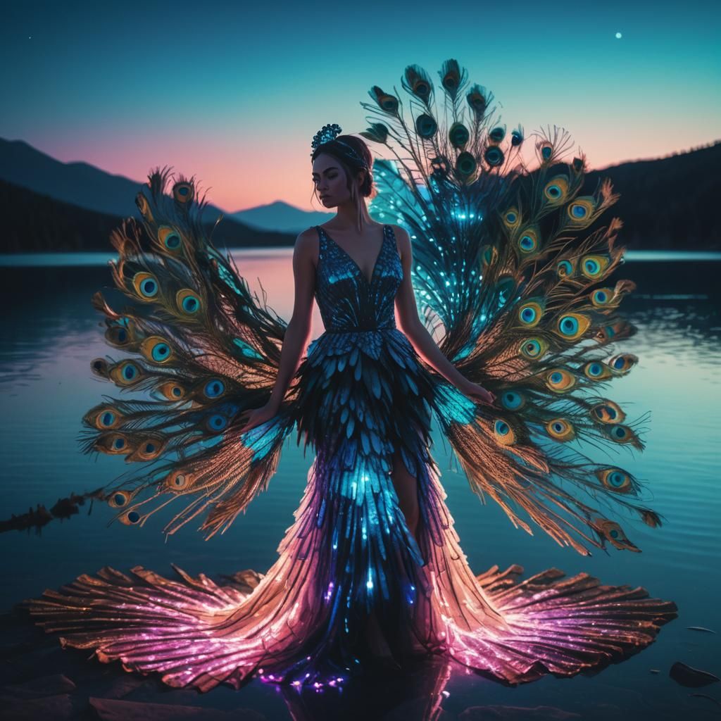 Girl in Peacock Dress by Glowing Lake