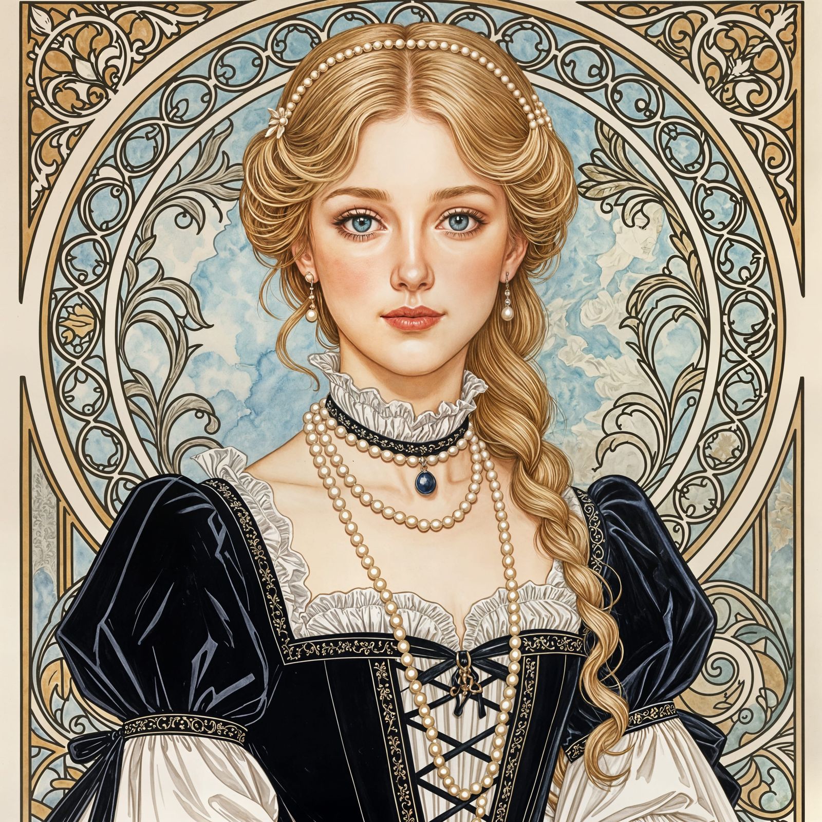 Monochrome Tudor Portrait of Aristocratic Lady in Watercolor