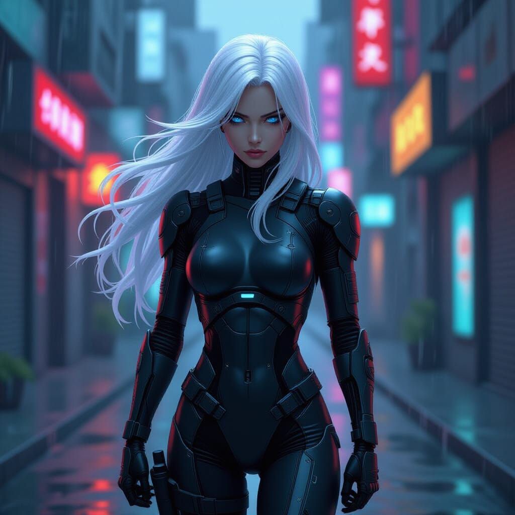 Cyborg Ninja in Cyberpunk Alleyway: Anime Style