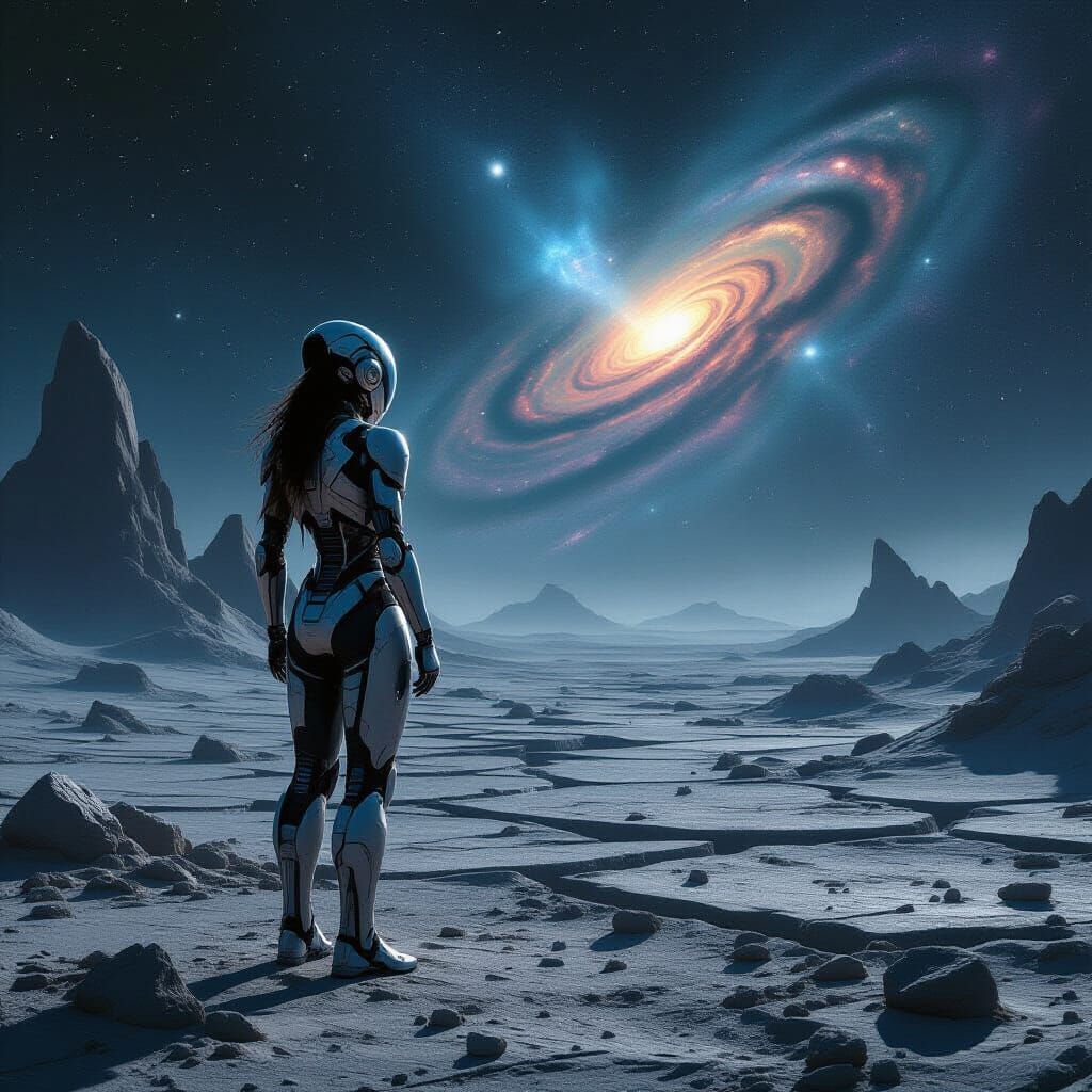 Cyborg Woman Gazes at Alien Nebula in Hyperrealistic Style
