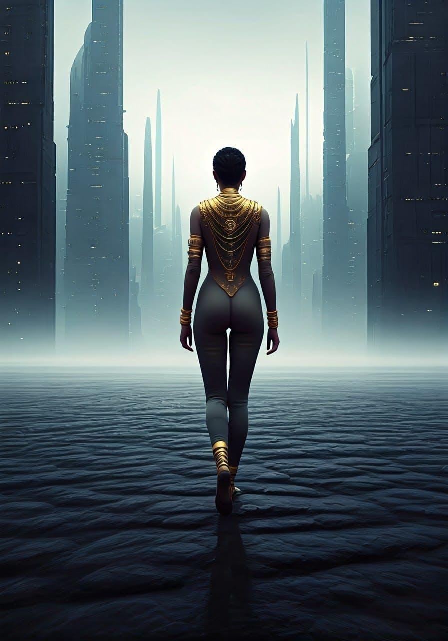 Woman in Misty Alien Landscape with Cyberpunk City