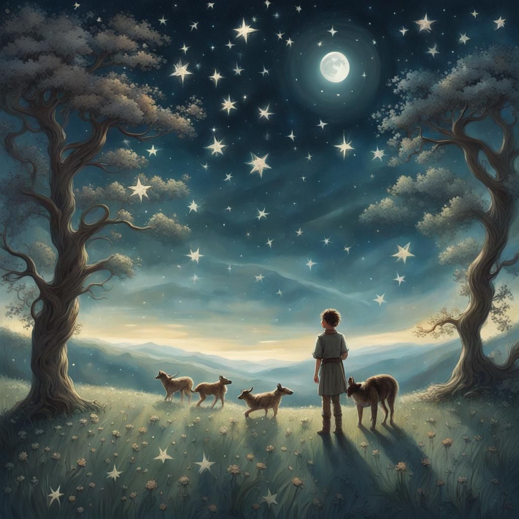 Shepherd Boy Under Million Twinkling Stars: Fantasy Art