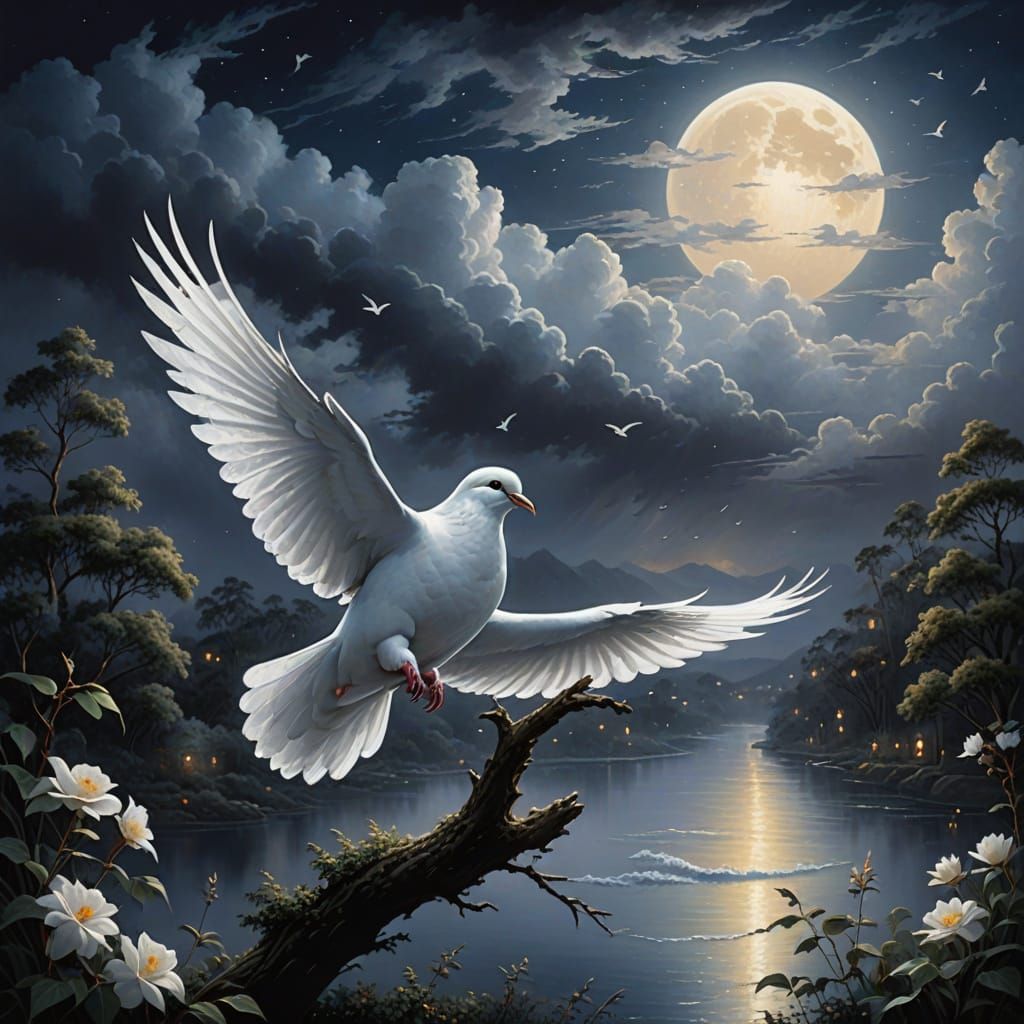 A feathered white dove, its feathers flowing into wispy clou...