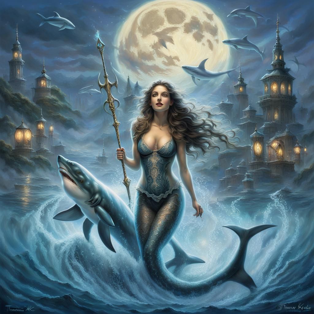 Ethereal Fantasy: Woman on Shark with Mermaid