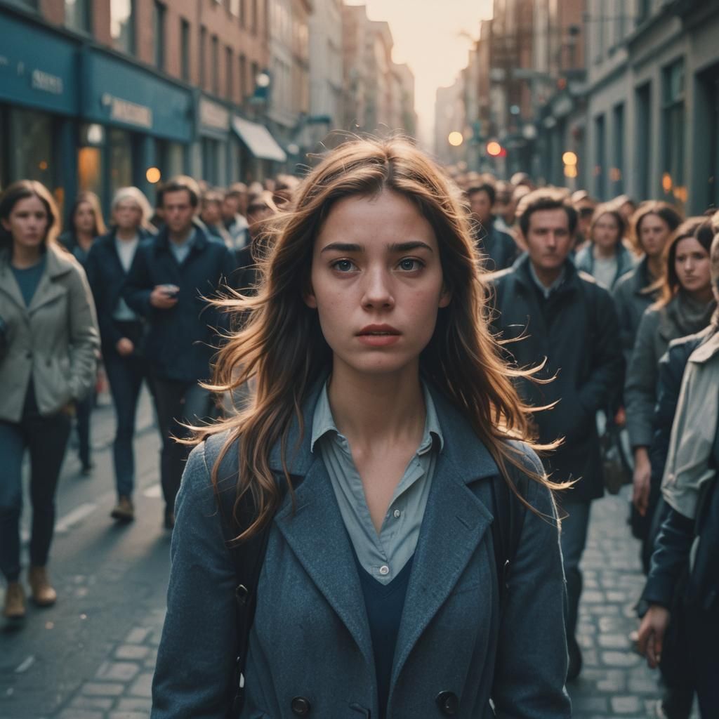 Young Woman Averts Media Attention in Crowded Street