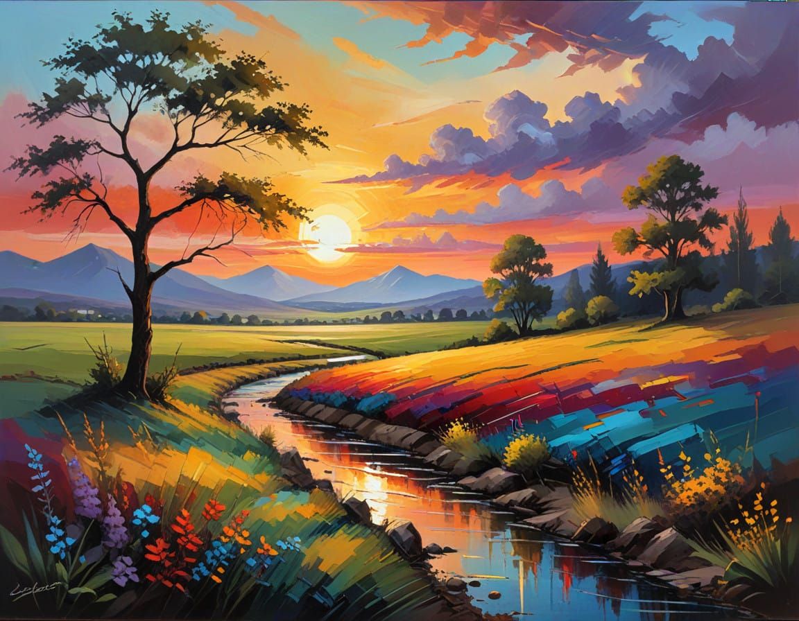 Faded Sunset Landscape in Vibrant Oil Paint