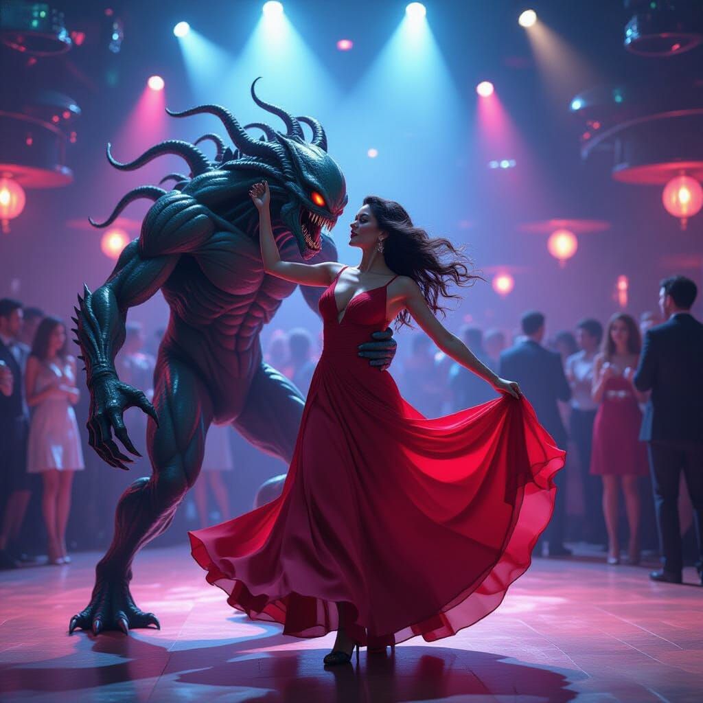 Tentacled Monster Dances with Woman in Nightclub