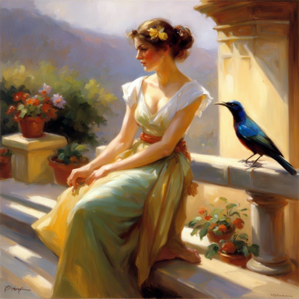 Woman and Sunbird on Terrace in Romantic Realism Style