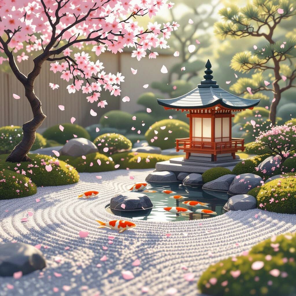 Tranquil Zen Garden with Pagoda in Watercolor Style