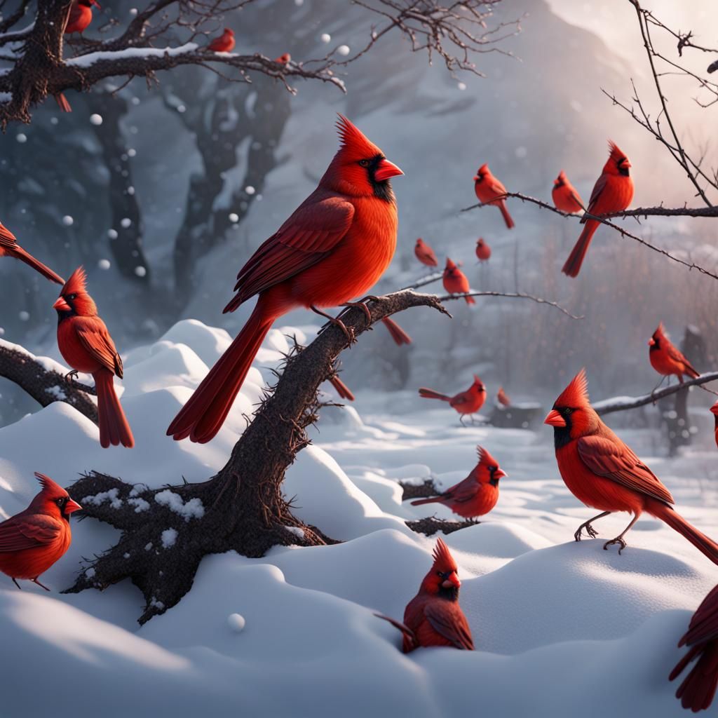 Cardinal Flock in Snow: Detailed Matte Painting