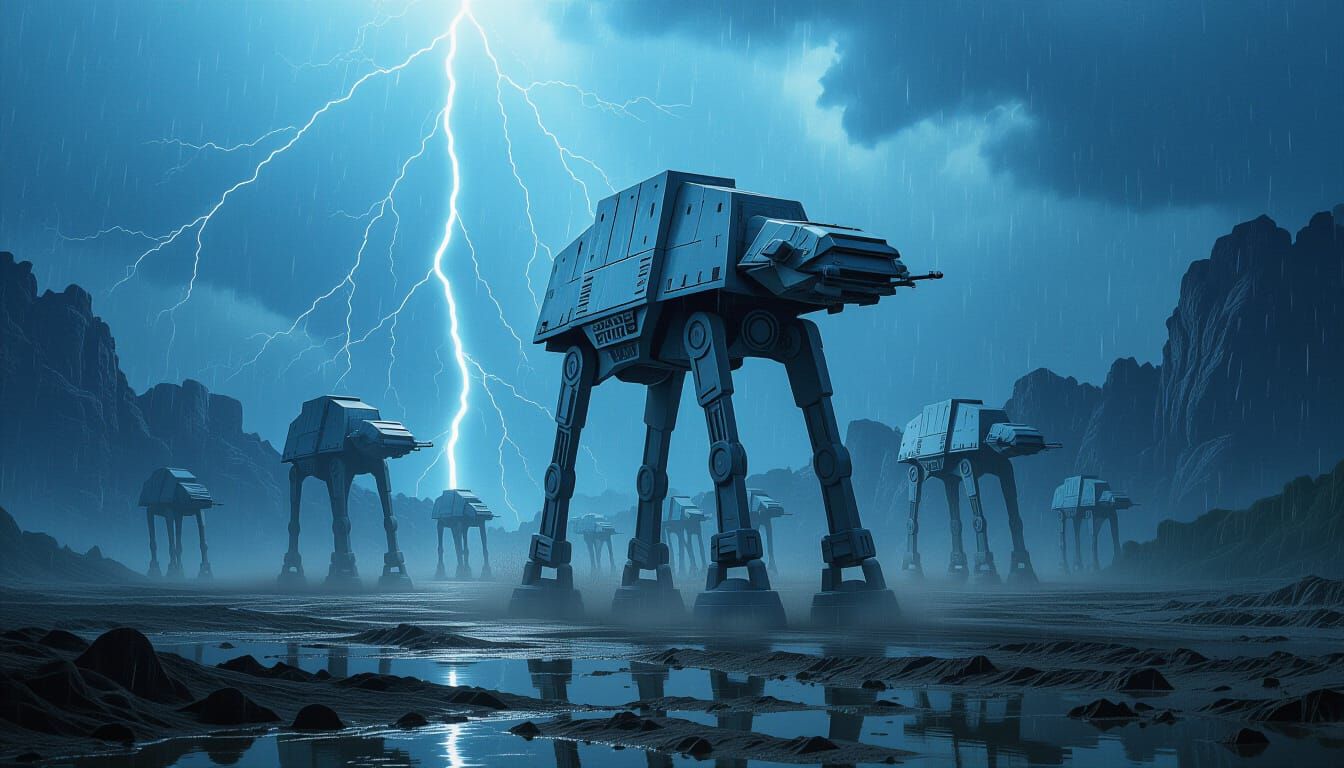 AT-AT Walker on Alien World in Rainstorm