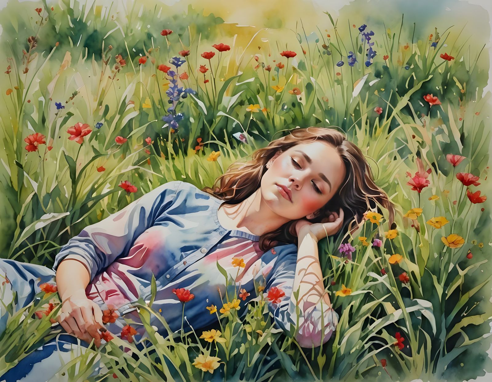 Watercolor Portrait: Woman in Wildflower Field