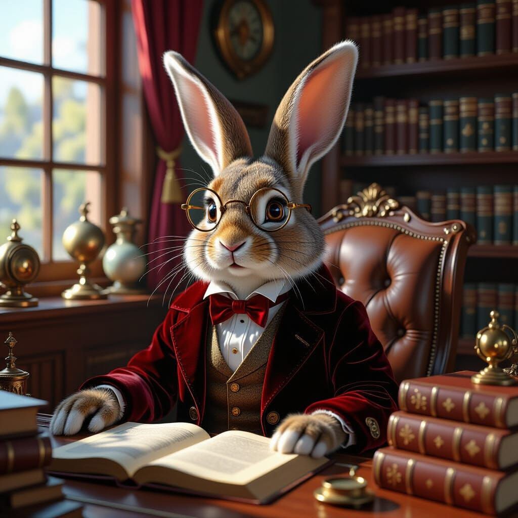 Steampunk Rabbit Reads in Cozy Study, Digital Art
