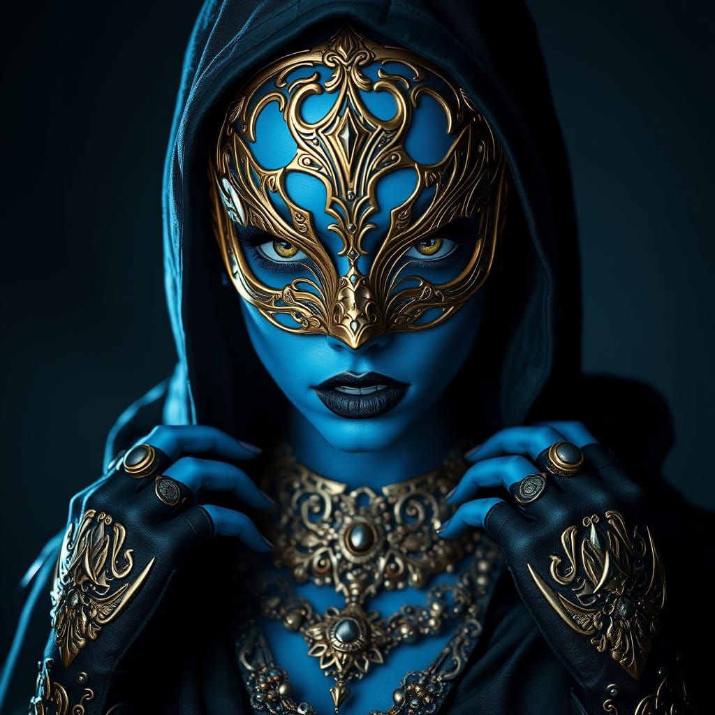 Gothic Cyberpunk Goddess in Intricate Golden Mask