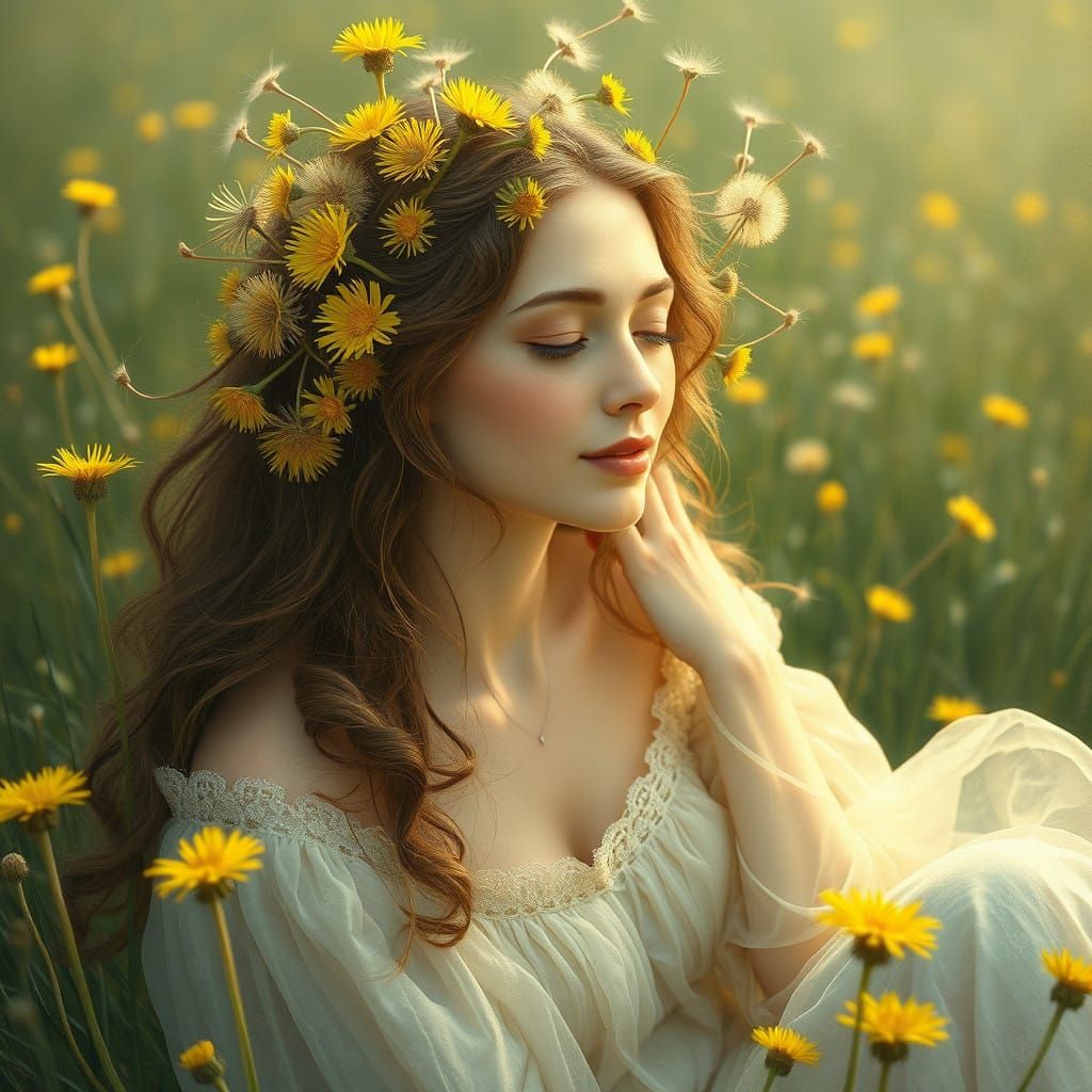 Ethereal Woman Amidst Dandelion Bloom in Whimsical Fantasy S...