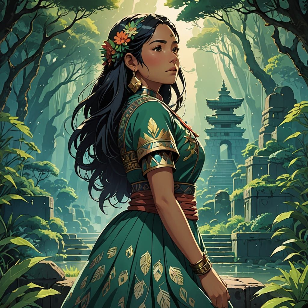 Majestic Aztec-Inspired Lady in Ancient Mesoamerican Landsca...