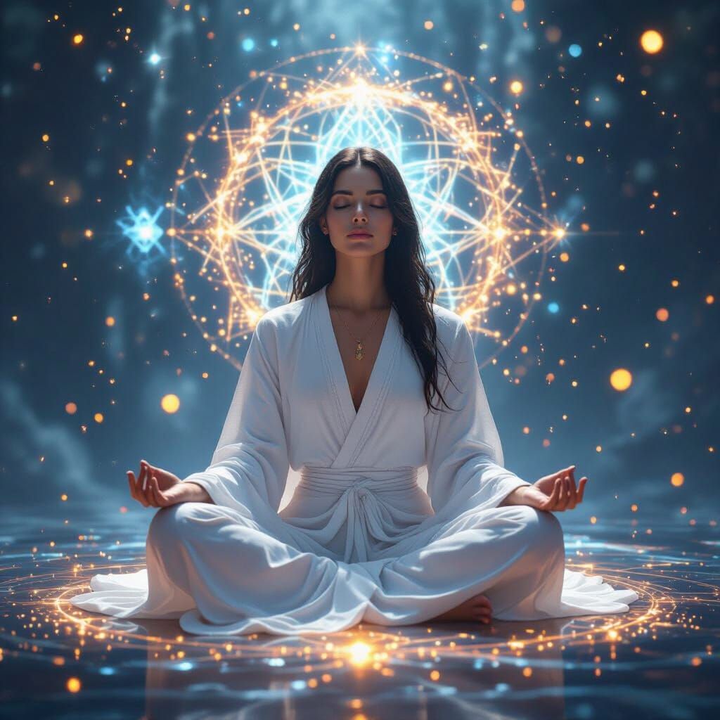 Meditating Person Surrounded by Quantum Energy Fields
