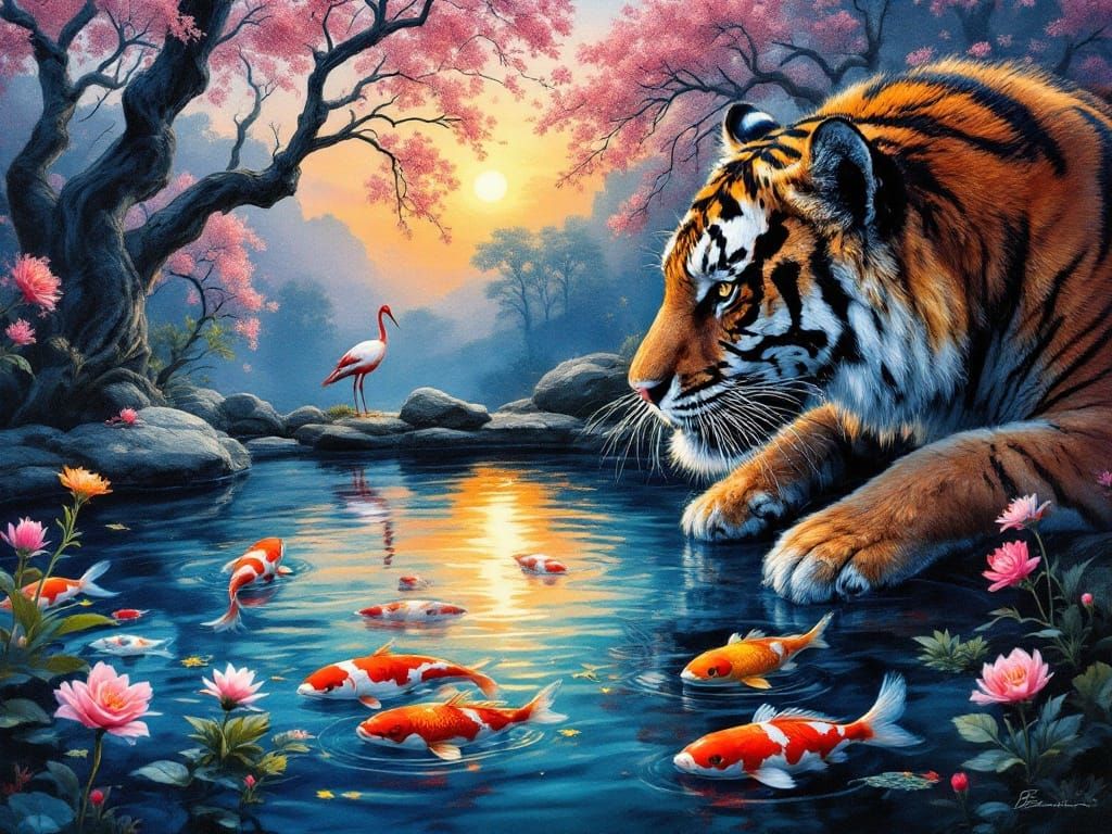 Majestic Tiger Contemplates Koi in a Serene Pond Landscape