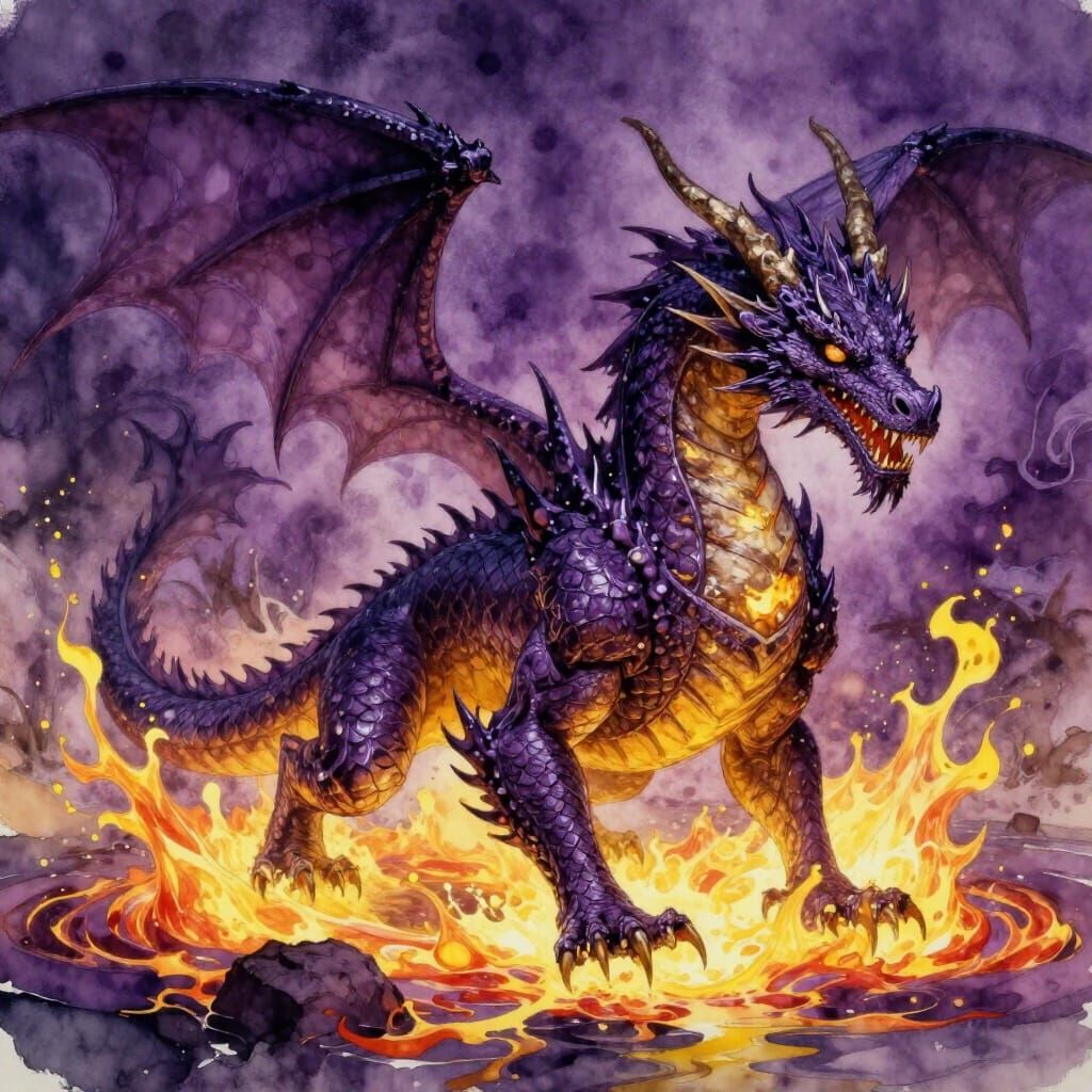 Dragon Splashing in Lava, Watercolor Masterpiece
