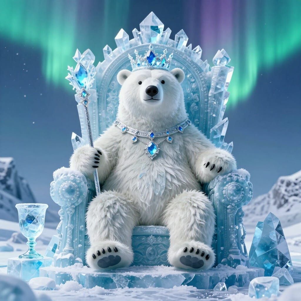 Anthropomorphic Polar Bear King on Icy Throne