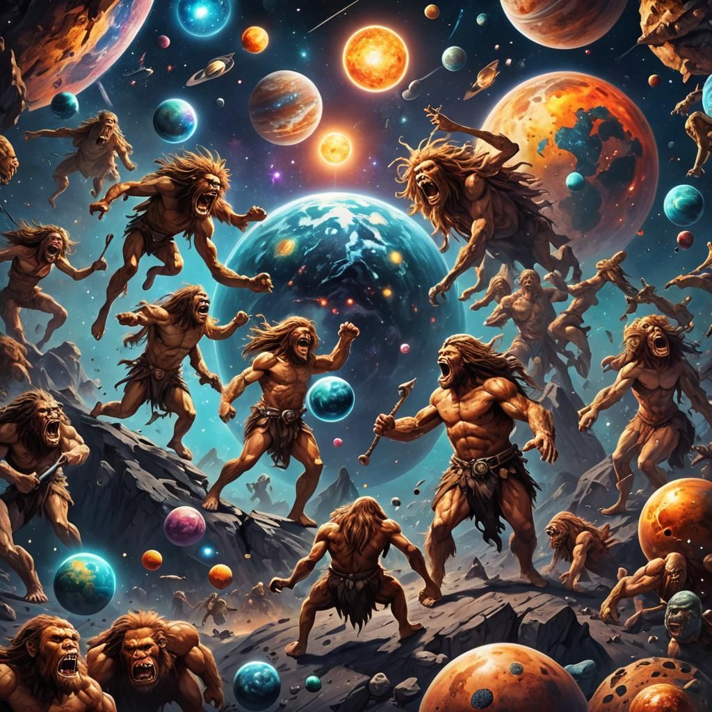 Neanderthals on Alien Planet: Cosmic Astral Illustration