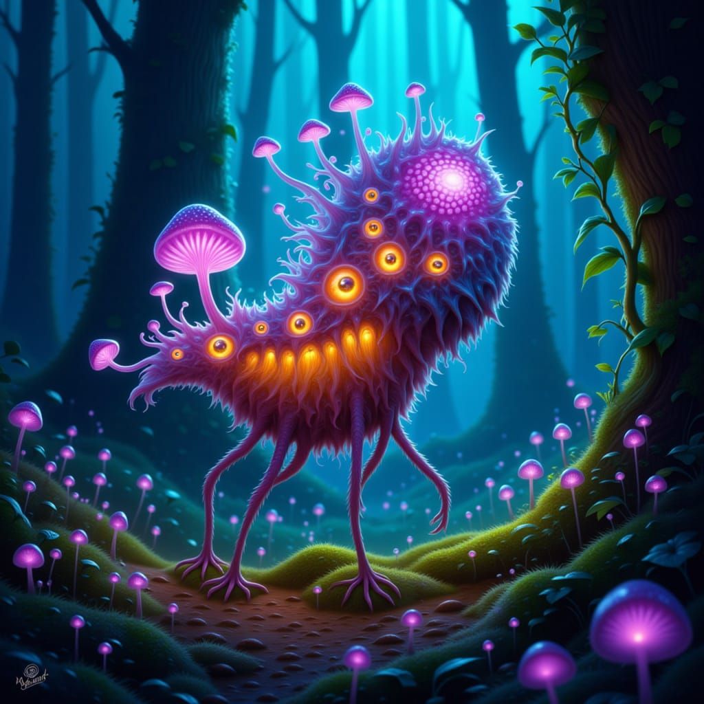 Bioluminescent Fungus-Caterpillar in Misty Forest