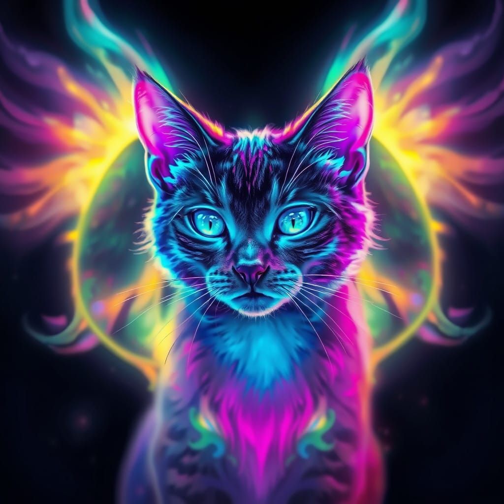 Ethereal Feline Realm with Electric Glowing Accents