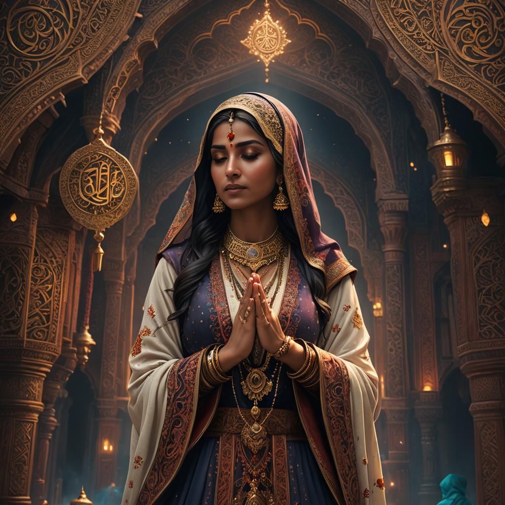 Indian Muslim Woman Praying: Detailed Fantasy Art