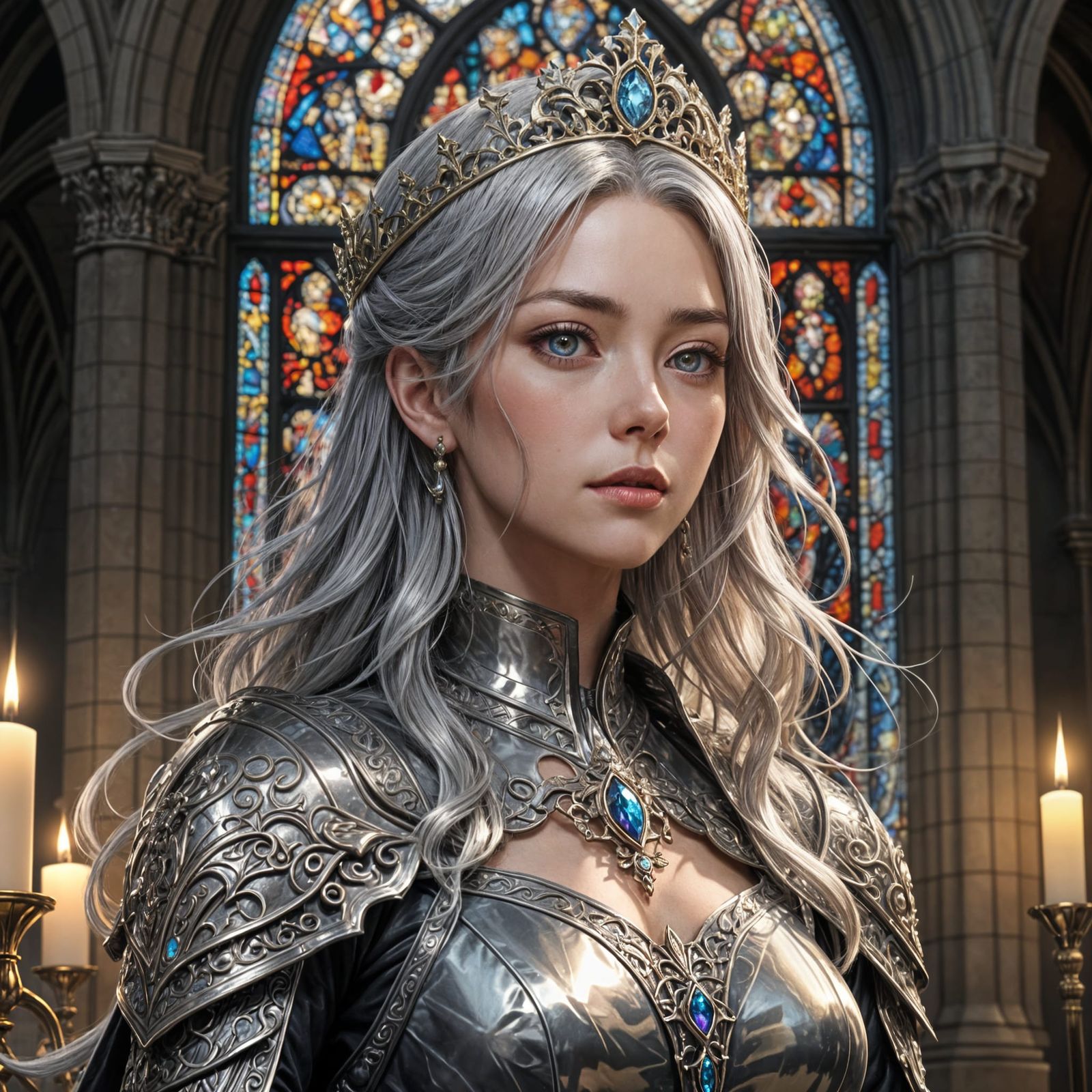 Young Queen in Gothic Cathedral Anime Style