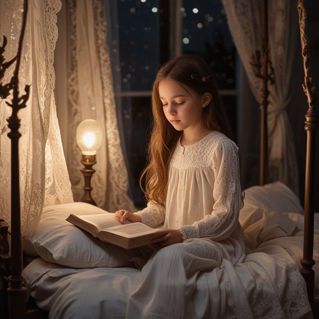 Serene Young Girl Reads in Moonlit Four Poster Bed