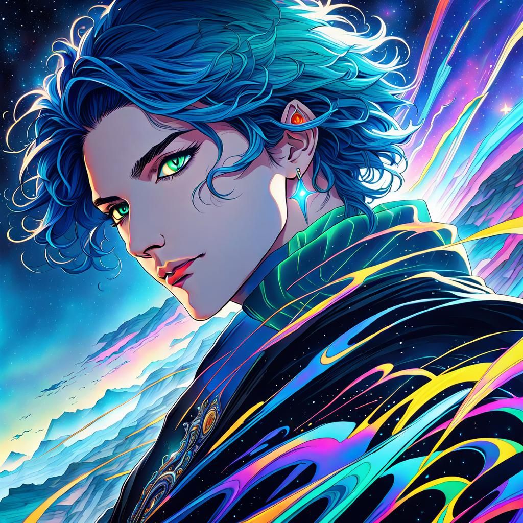 Sad Young Man with Neon Hair: Cosmic Comic Book Art