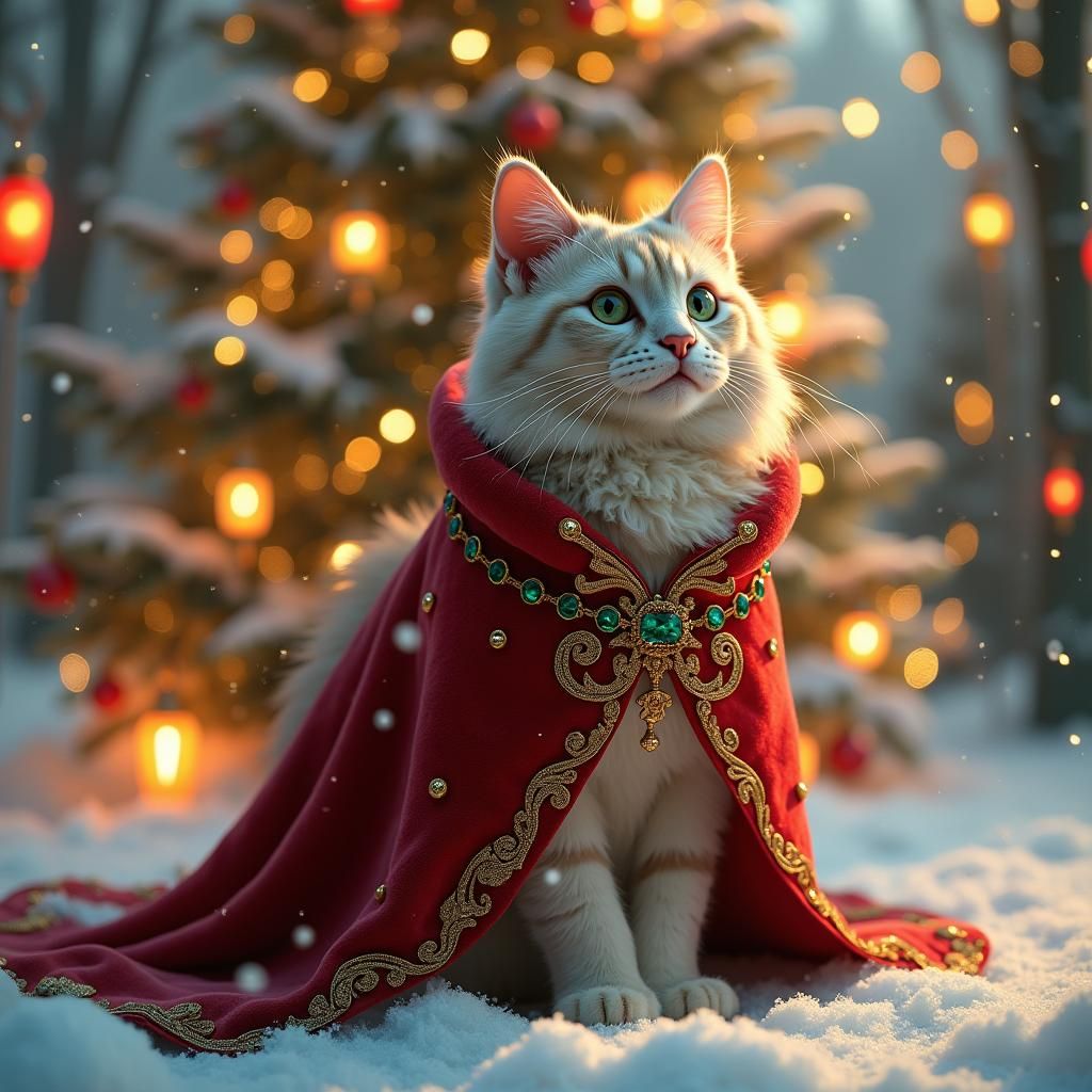 Cat in Red Cloak in Winter Wonderland