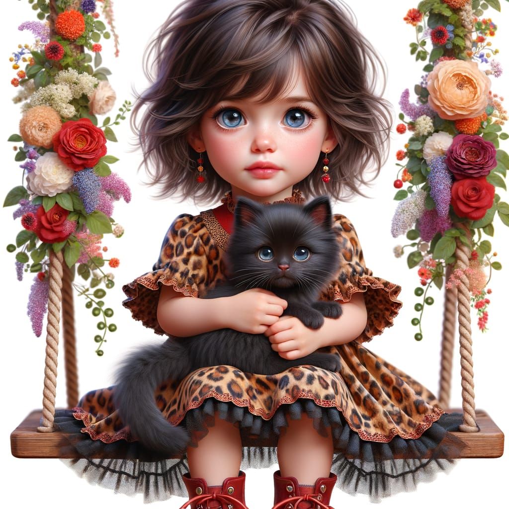 Girl on Flower Swing with Kitten Portrait