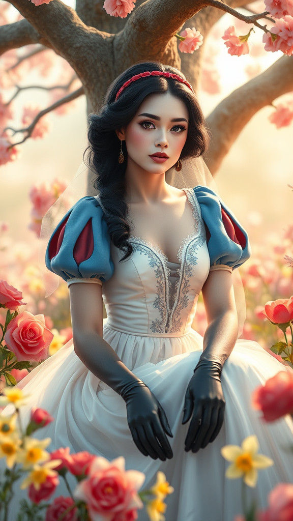 Snow White in a Surreal Floral Landscape