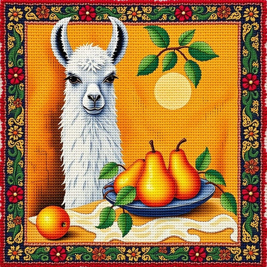 Cozy Llama Surrounded by Folk Art Pears