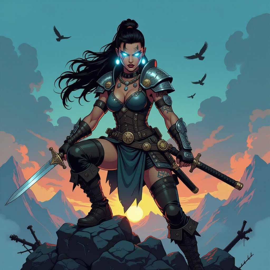 Viking Warrior Woman on Steampunk Wreckage