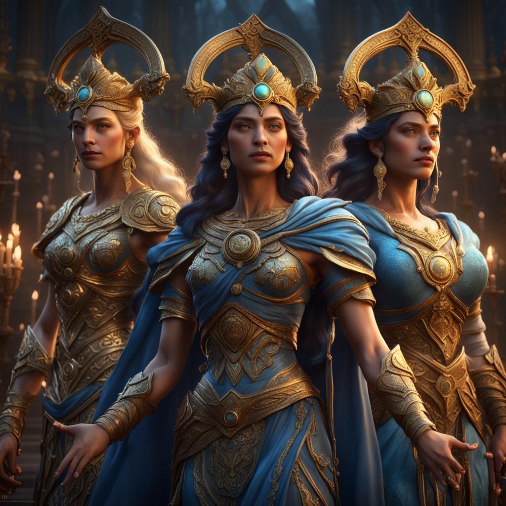 Three Justice Goddesses in Hyperrealistic Fantasy Style