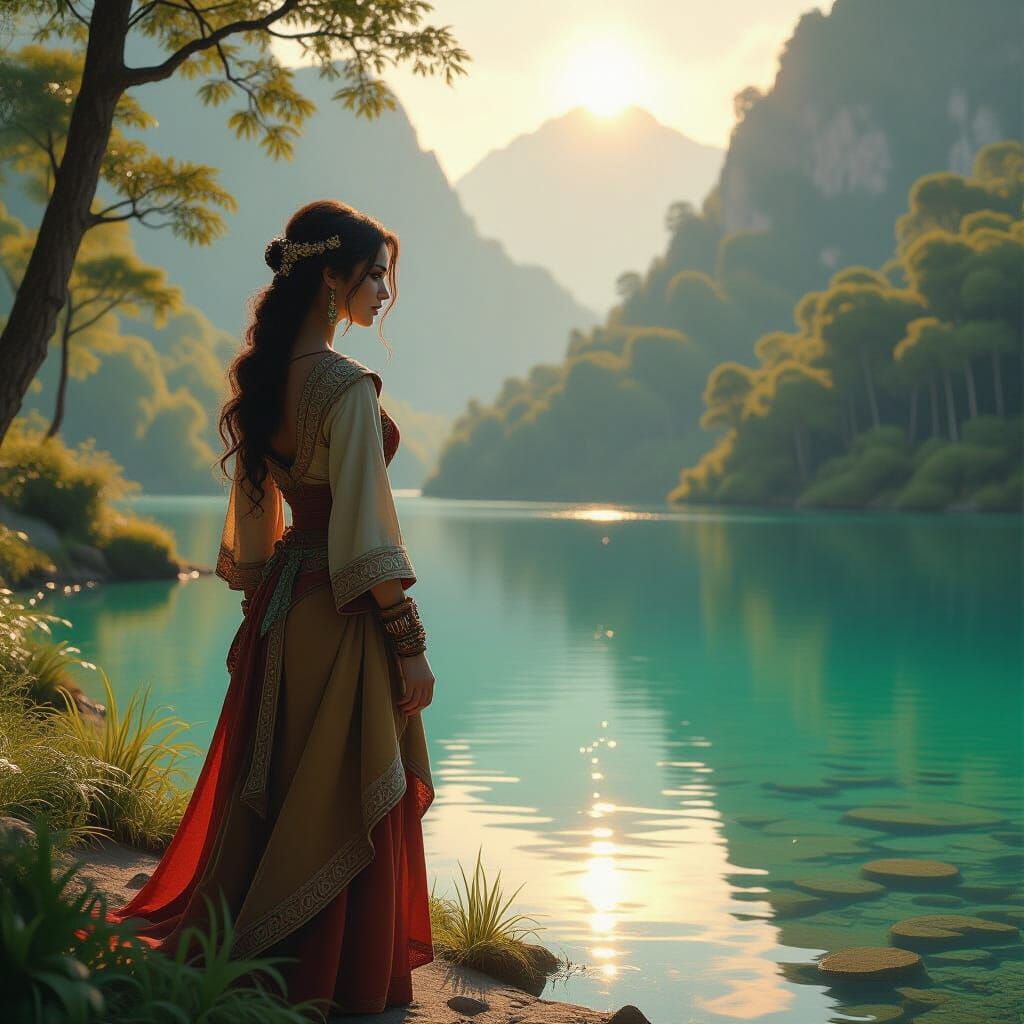 Woman by Lake in Hyperrealistic Style