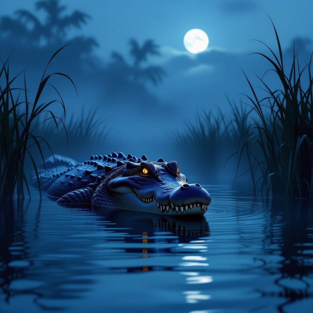 Menacing Crocodile Lurking in Twilight Swamp: 3D Render