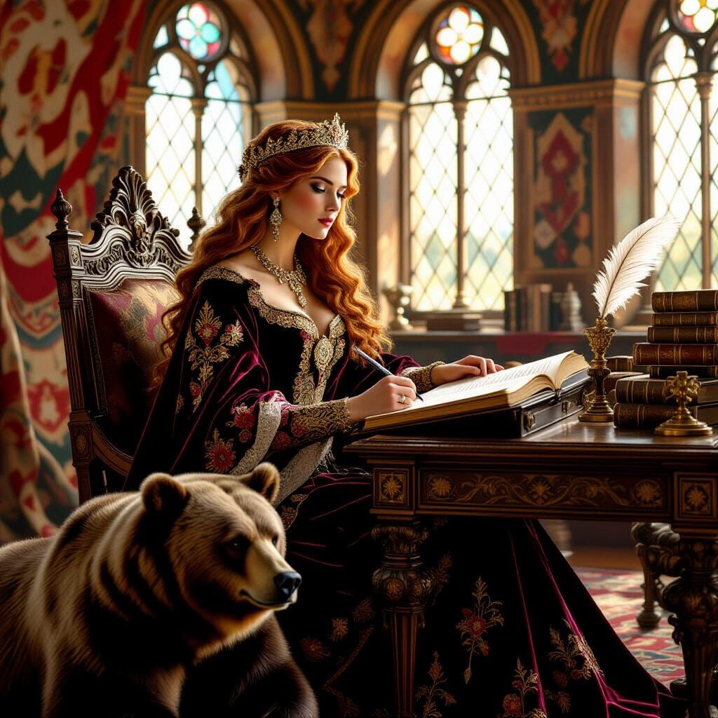 Viking Queen Composing Saga, Pre-Raphaelite Style