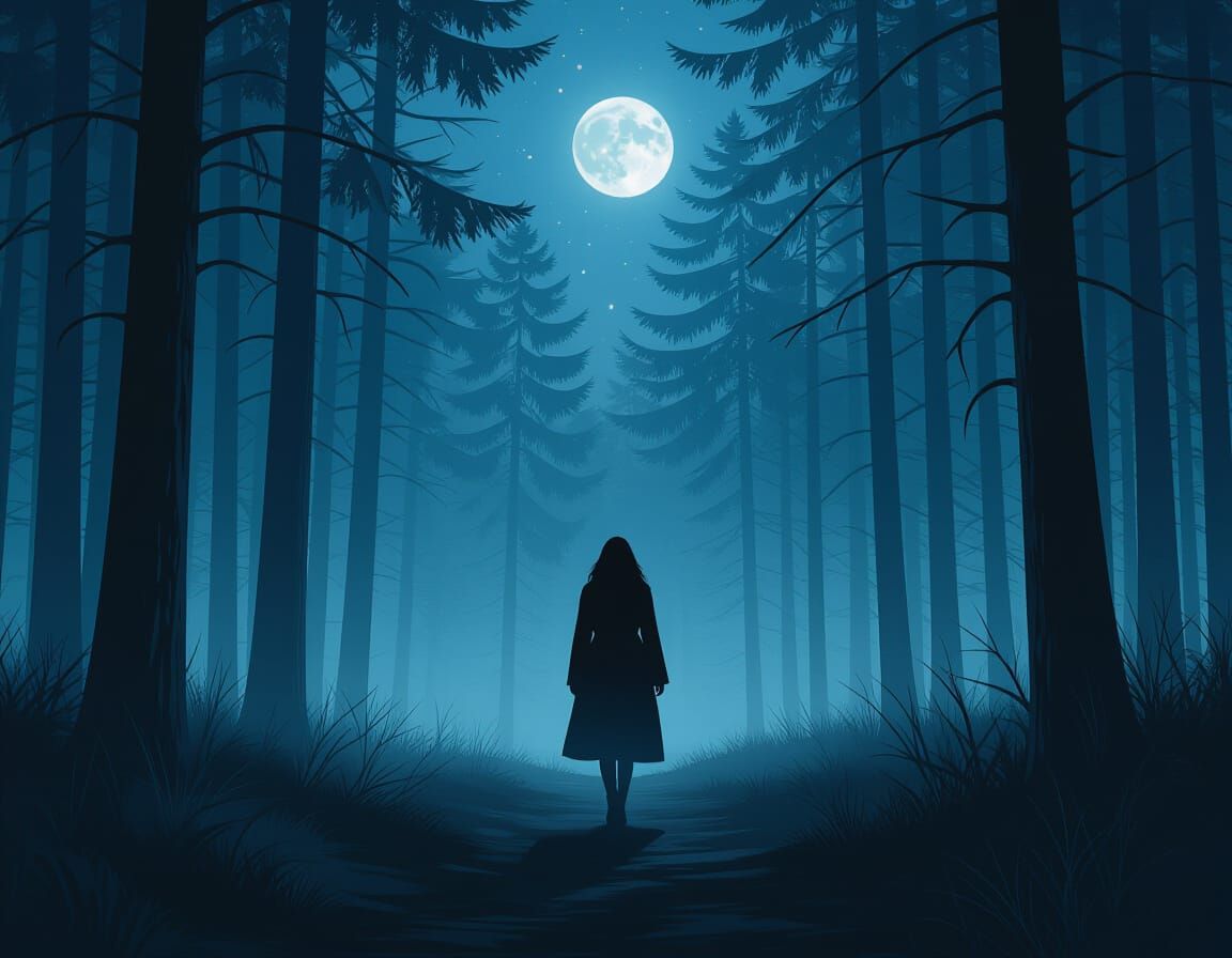 Woman Walking Through Moonlit Forest at Night