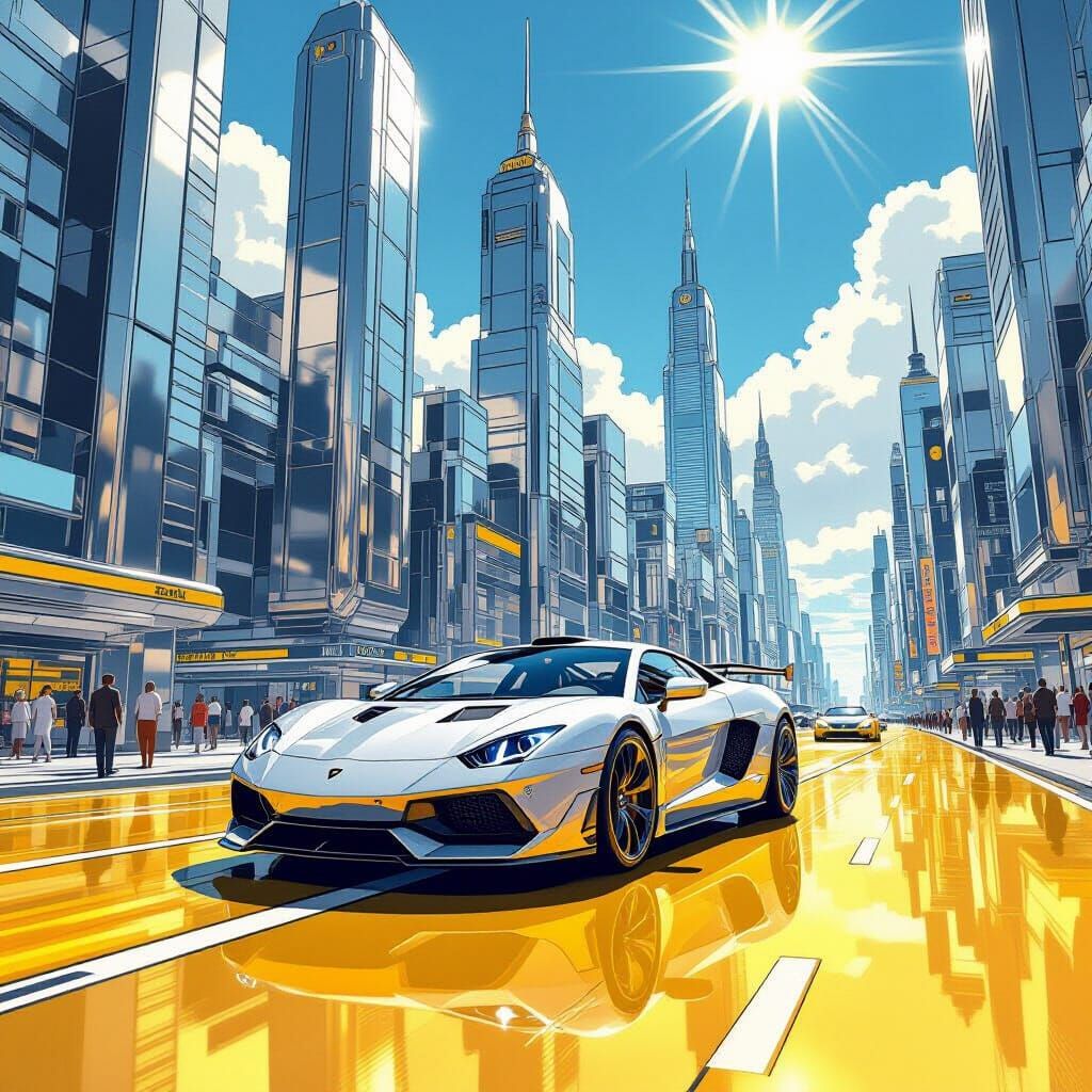 Luxury Car on Golden Road in Hand-Drawn Style